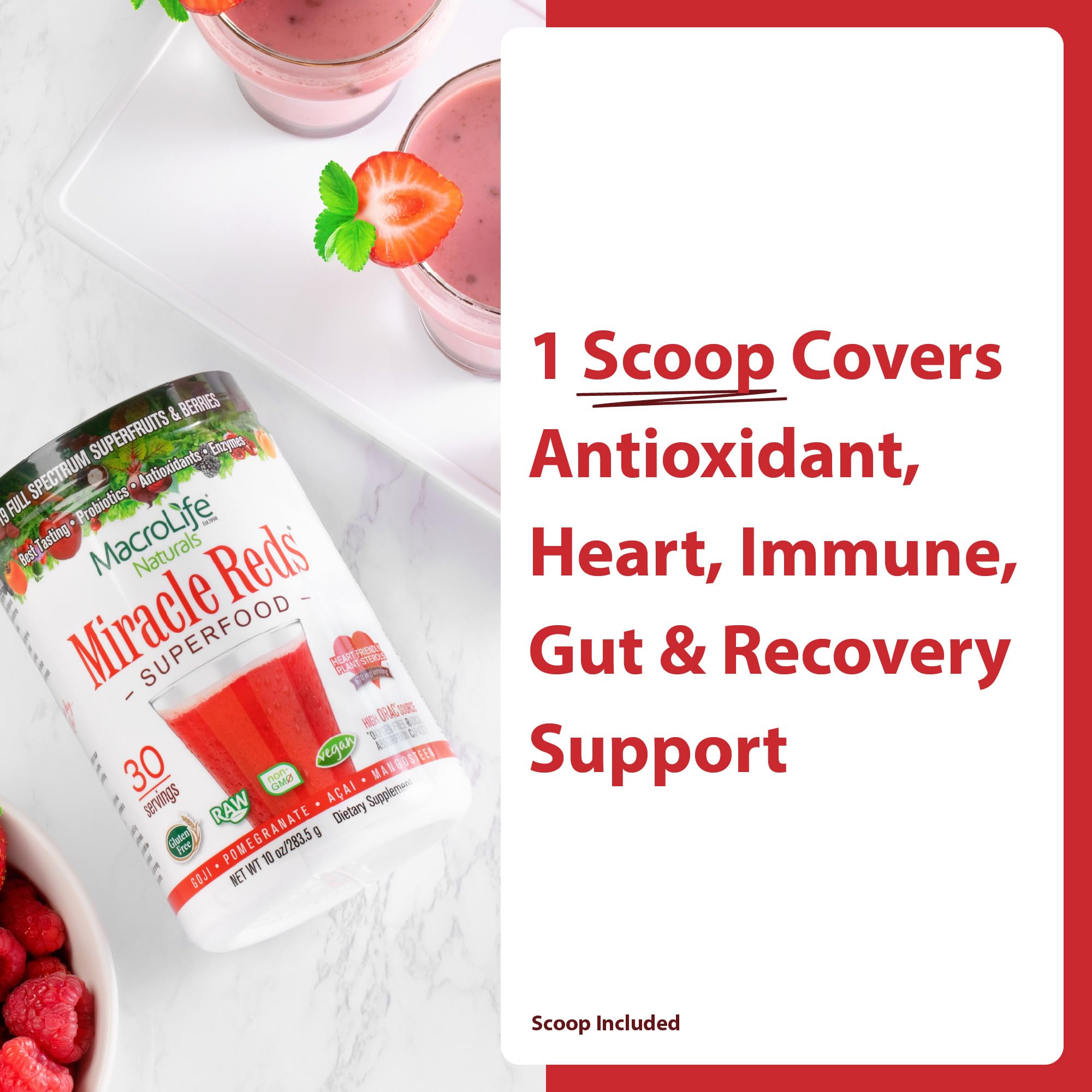 MacroLife Miracle Reds, mezcla de 19 superfrutas para batido colorido