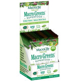 Macro Greens, frente del envase, muestra tamaño de porción y etiqueta.