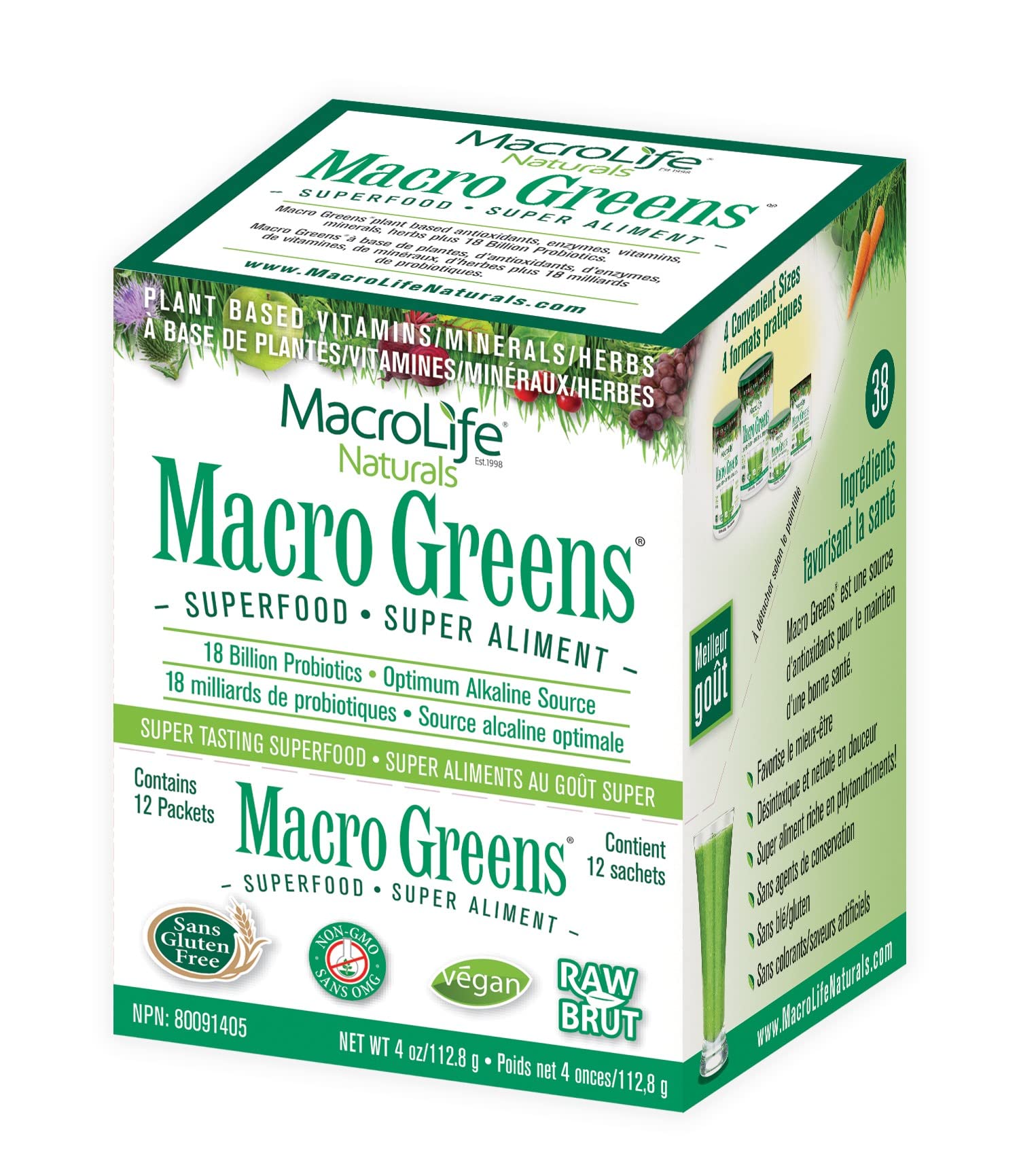 Macro Greens de MacroLife Naturals, sobres de 12 porciones para iniciar la rutina diaria.