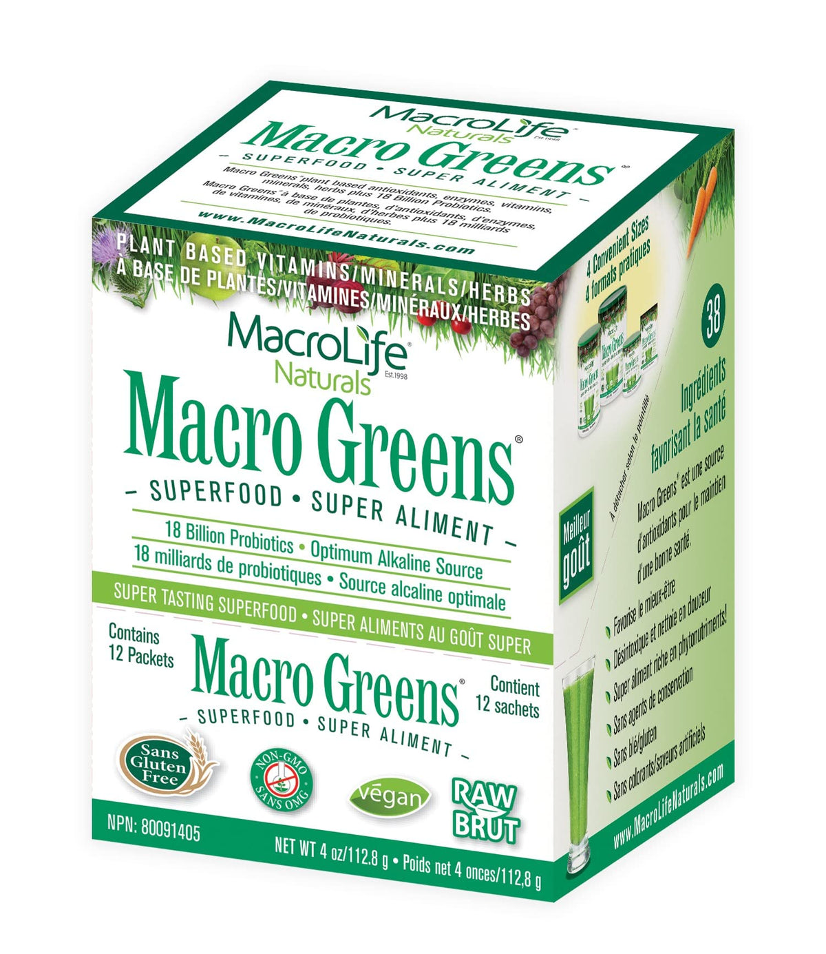 Macro Greens de MacroLife Naturals, sobres de 12 porciones para iniciar la rutina diaria.