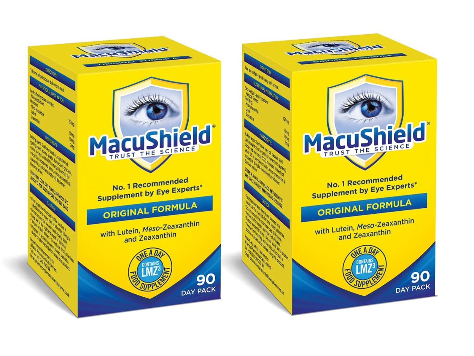 MacuShield Macushield frente del frasco de cápsulas para apoyar la ingesta diaria de carotenoides.