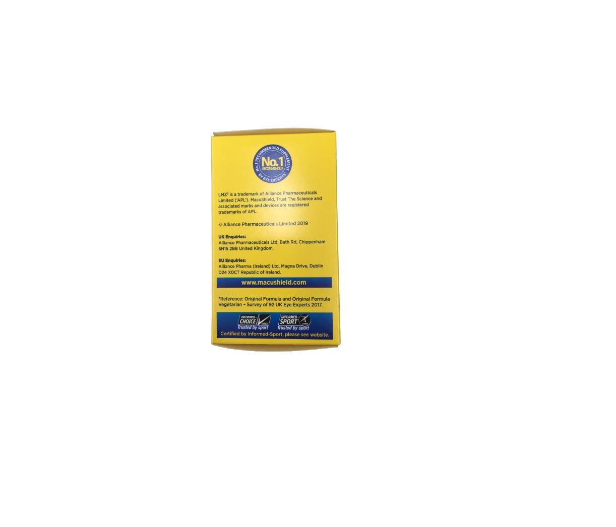 MacuShield etiqueta en la caja, dos frascos para la salud ocular.