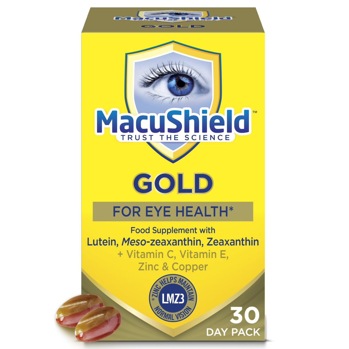 MacuShield Gold: cápsulas en frasco para apoyo diario de la salud ocular.