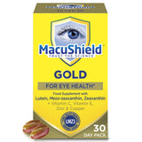 MacuShield Gold: cápsulas en frasco para apoyo diario de la salud ocular.