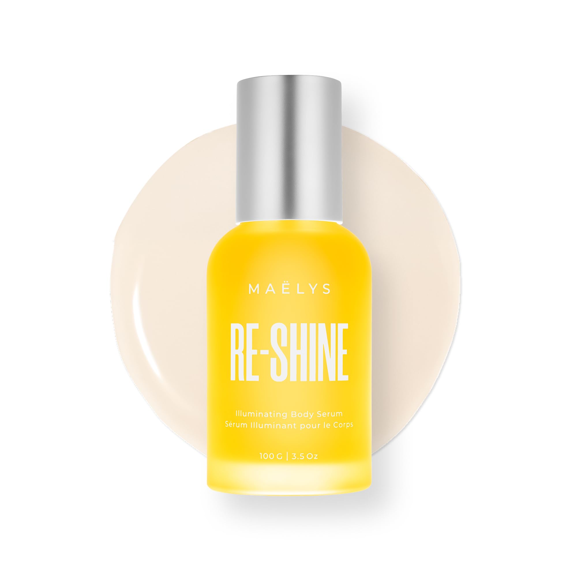 MAËLYS RE-SHINE sérum corporal, botella elegante para brillo suave.