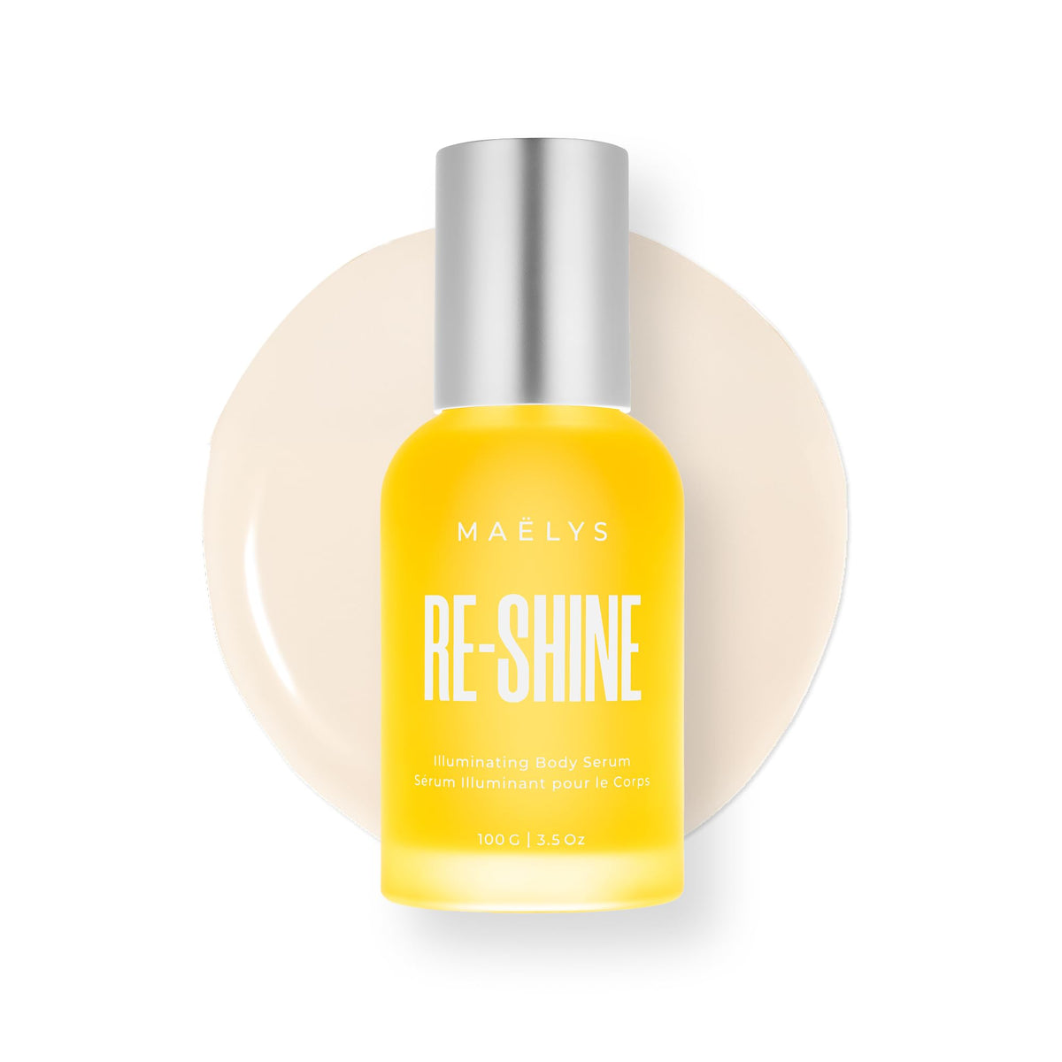 MAËLYS RE-SHINE sérum corporal, botella elegante para brillo suave.