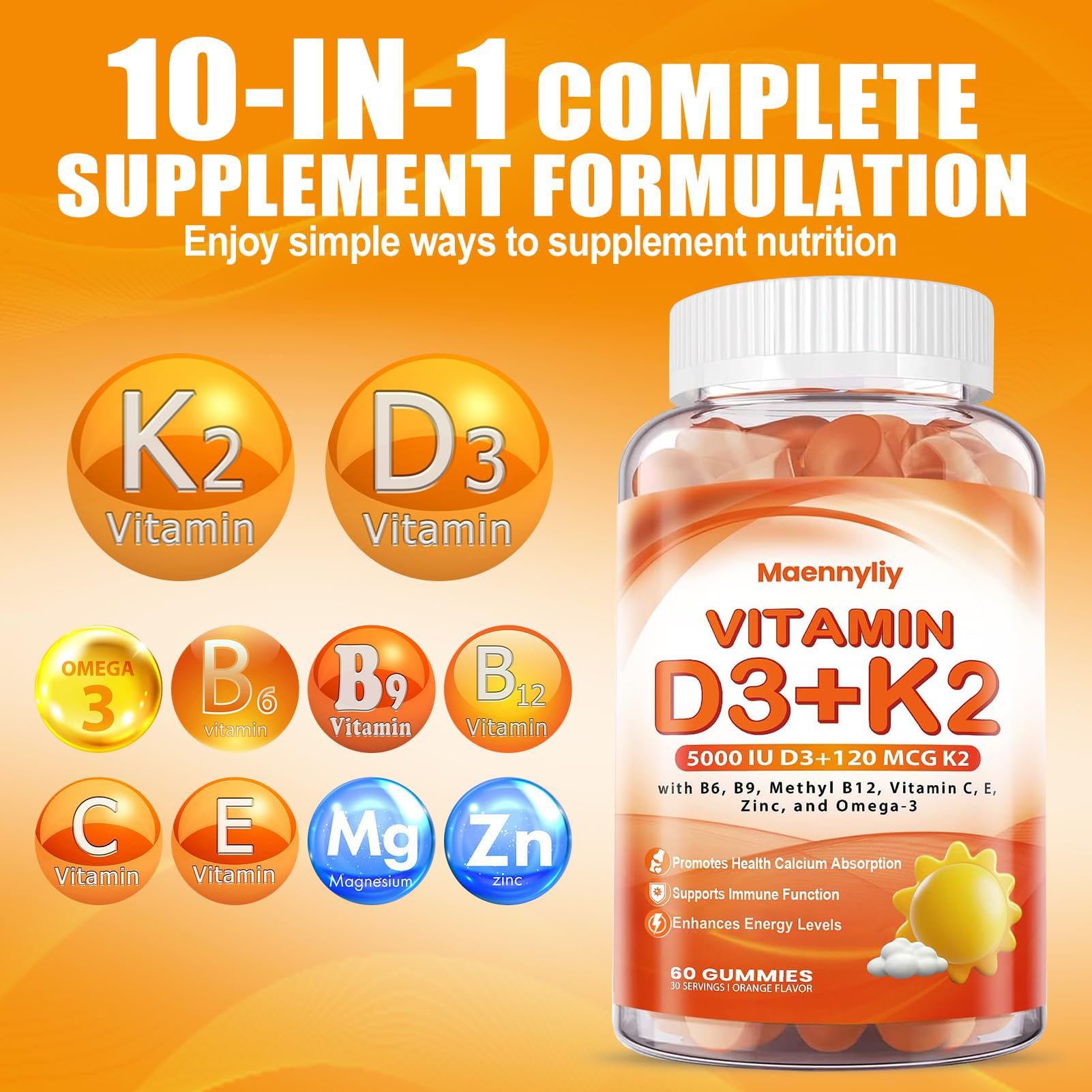 Etiqueta de Maennyliy gominolas D3 K2 con Omega-3 y nutrientes clave
