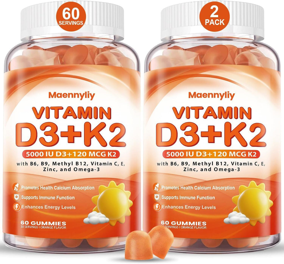 Maennyliy gominolas D3 K2 sabor naranja, apoyo a la absorción de calcio