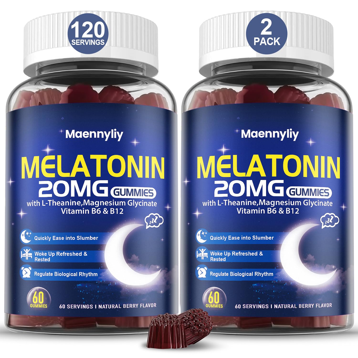 Maennyliy Melatonina Gomitas: botella frente para iniciar tu rutina nocturna.