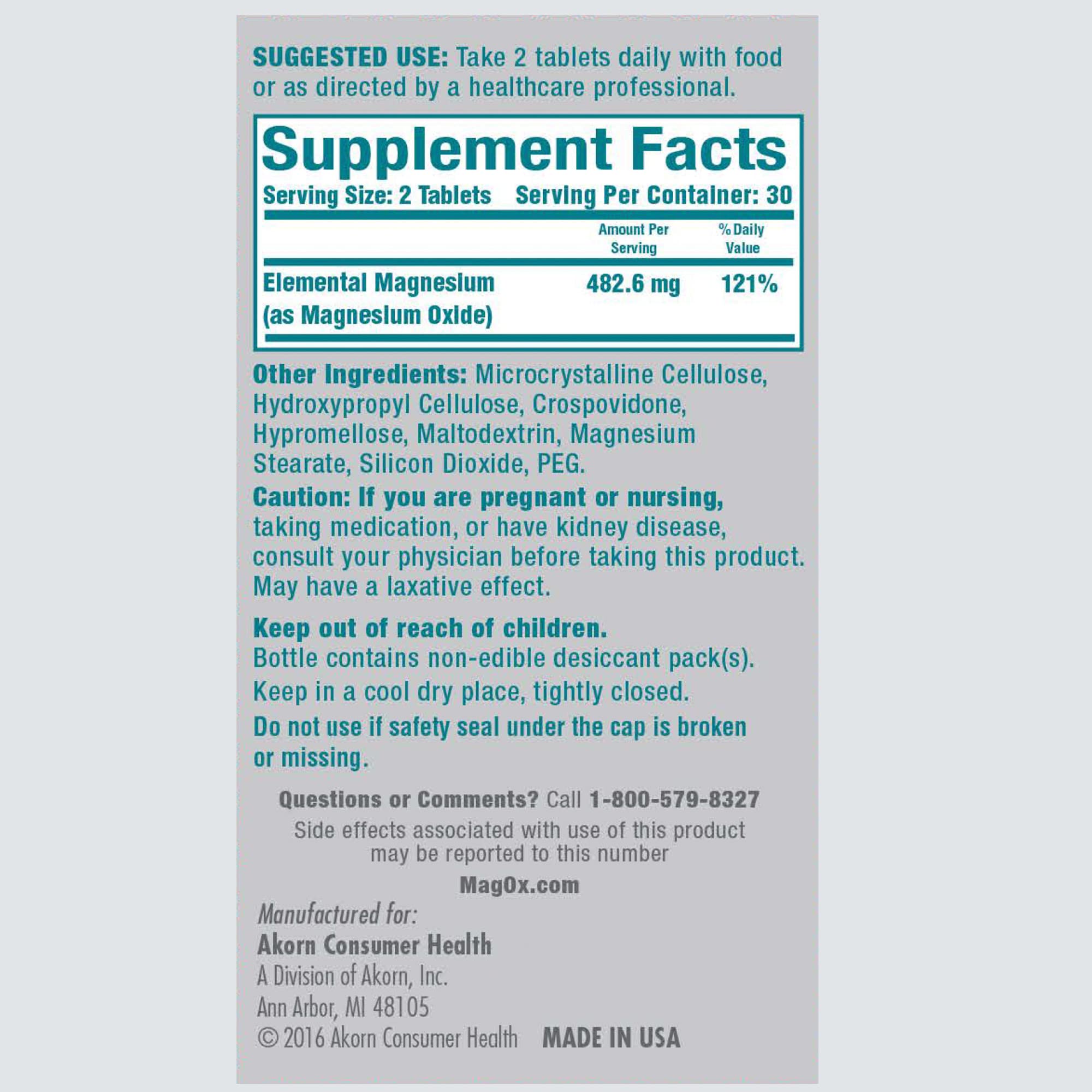 Mag-Ox dosis-482mg-dos-tabletas, entrega dosis diaria recomendada.