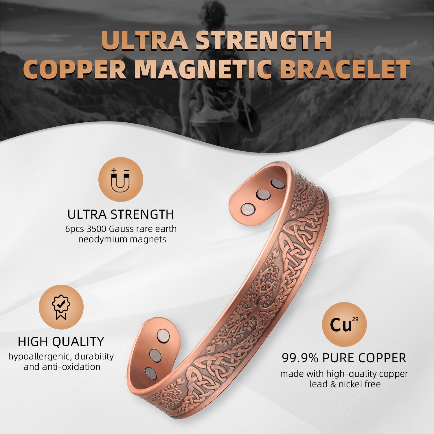 MagEnergy brazalete de cobre con imanes de neodimio para mayor comodidad.