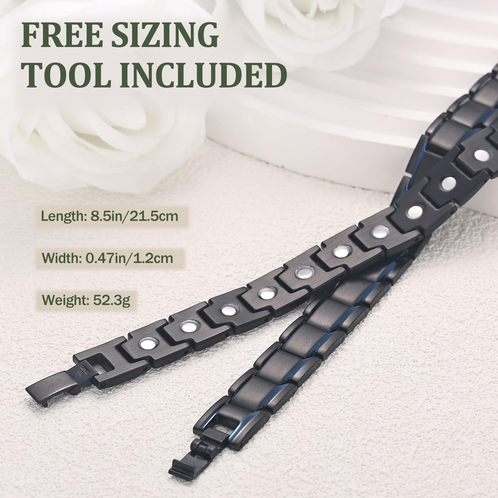Brazalete MagEnergy de titanio 316L, resistente al agua para uso diario.