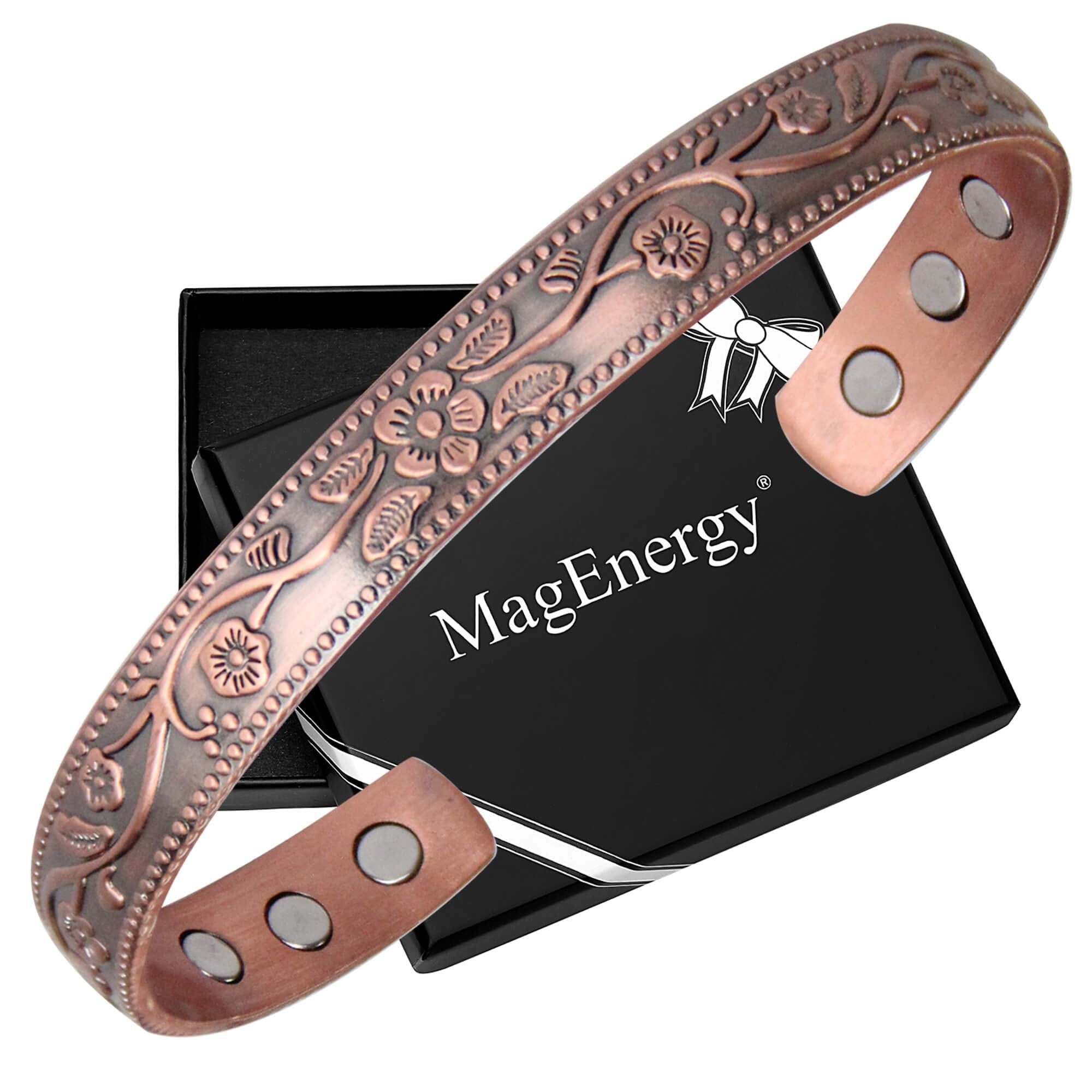 Pulsera MagEnergy de cobre con motivo vintage flor, para uso diario cómodo.