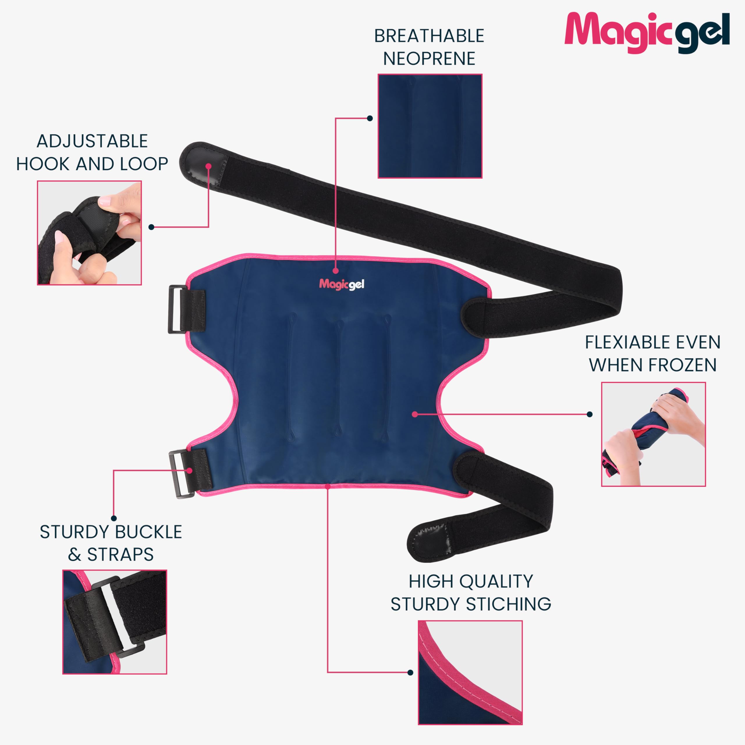 Magic Gel Hip Wrap congelado, moldeable para rodear la cadera con precisión.