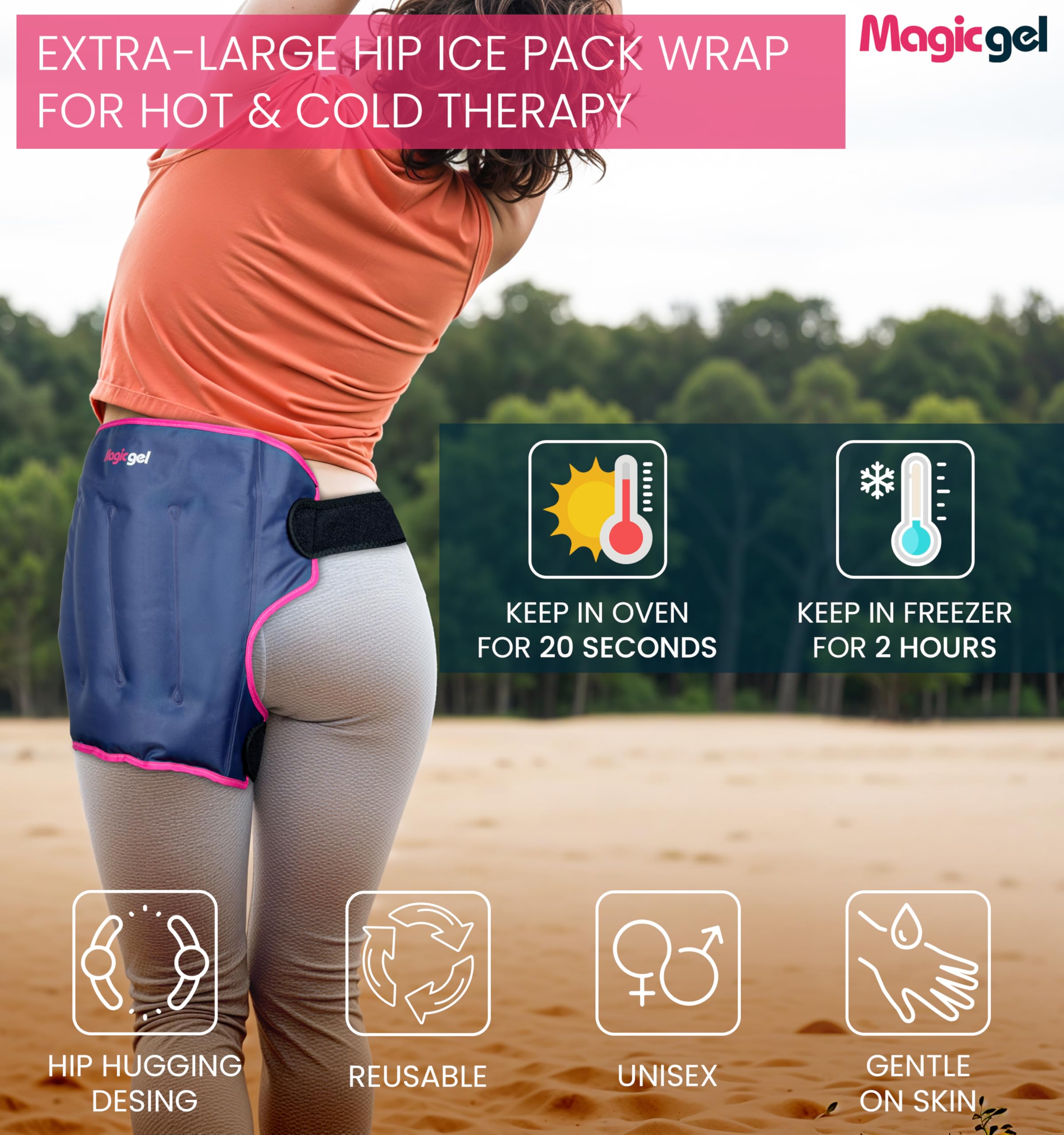 Magic Gel Hip Wrap con diseño anatómico curvo para mayor confort en la cadera.