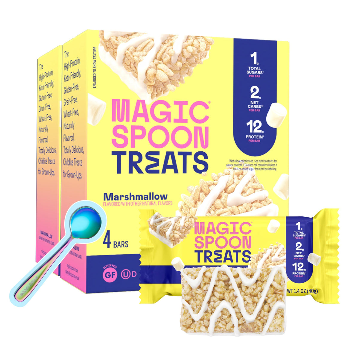 Magic Spoon Treats barra proteica sabor malvavisco, empaque sin gluten para merendar