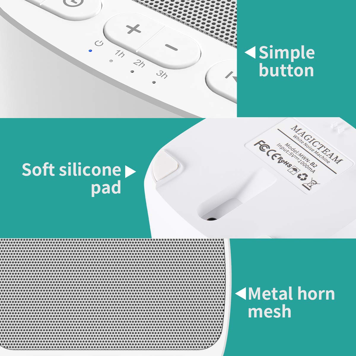 Magicteam Sleep Sound con temporizador de 1h, 2h o 3h para sueño programado.
