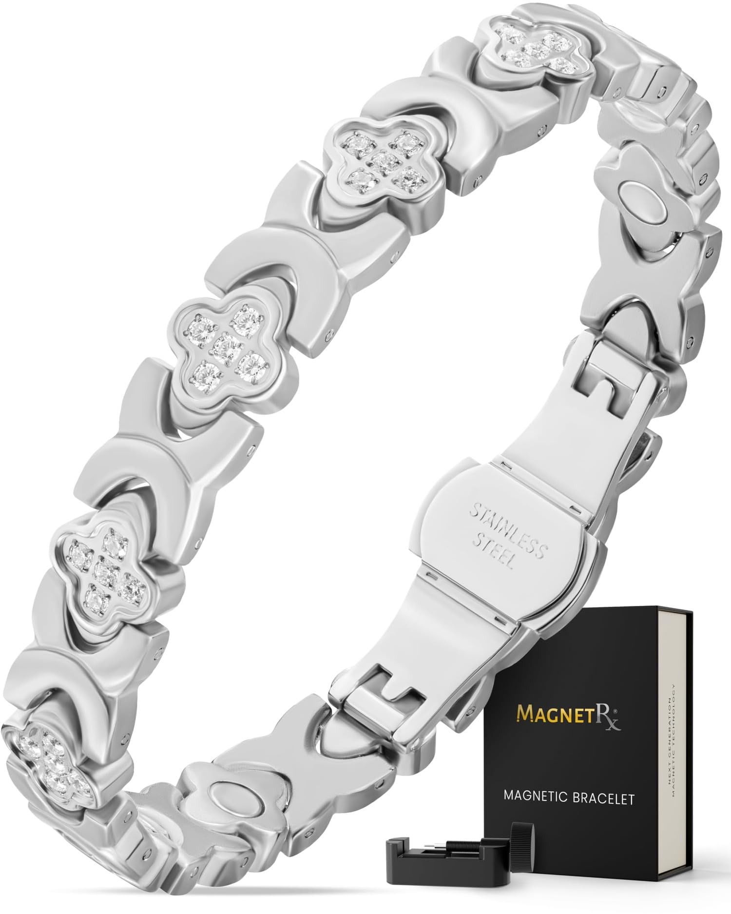 Pulsera MagnetRX con cuatro hojas y cristales para un look elegante diario.