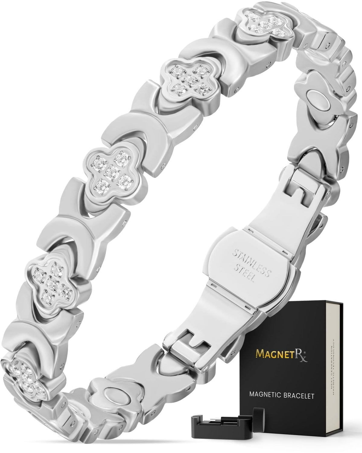 Pulsera MagnetRX con cuatro hojas y cristales para un look elegante diario.