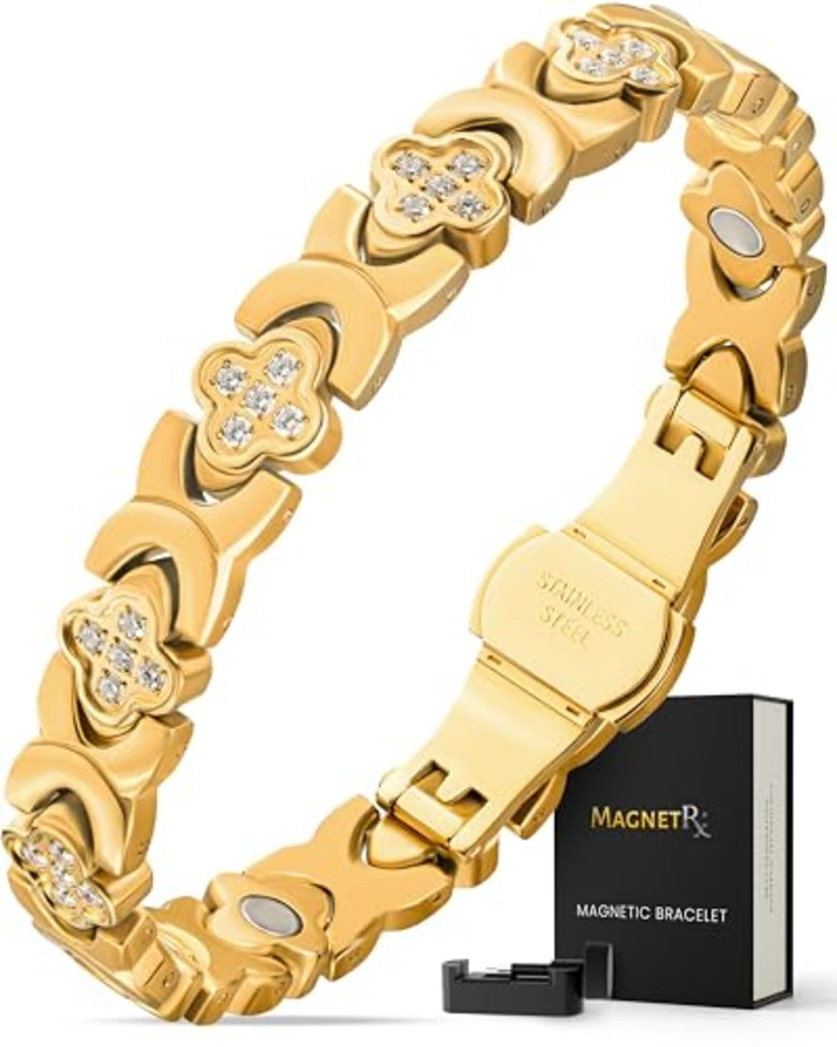Pulsera magnética MagnetRX dorada, vista frontal para uso diario elegante.