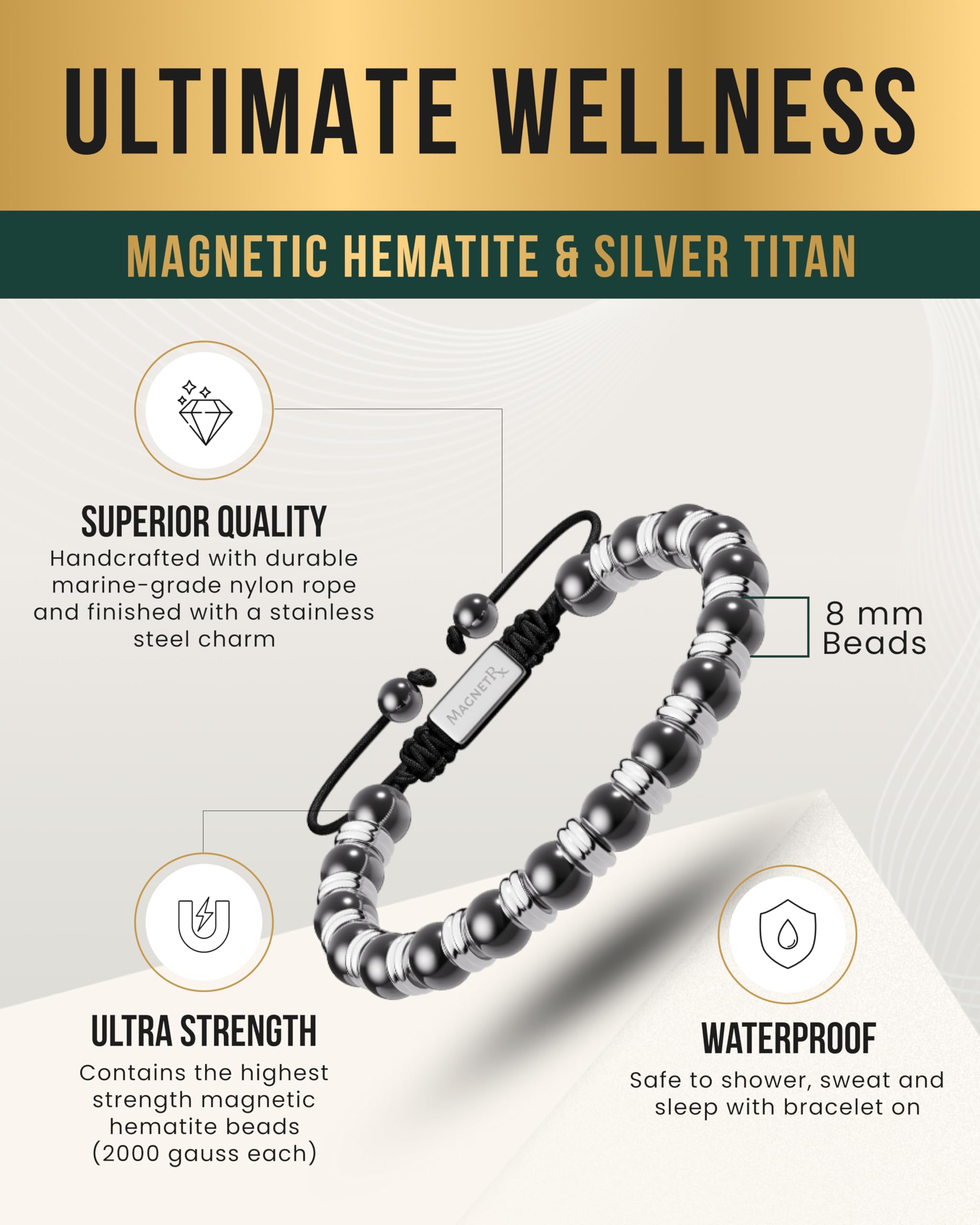 Dije de acero inoxidable MagnetRx en pulsera hematita