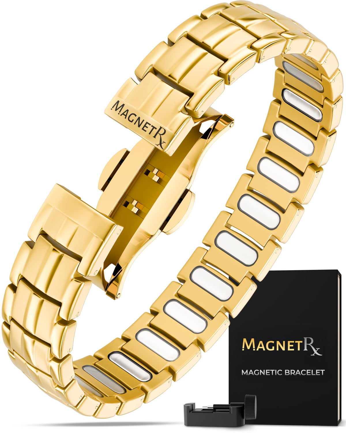 MagnetRX EllipseMAX, brazalete dorado de titanio, hebilla mariposa para ajuste seguro.