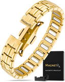 MagnetRX EllipseMAX, brazalete dorado de titanio, hebilla mariposa para ajuste seguro.