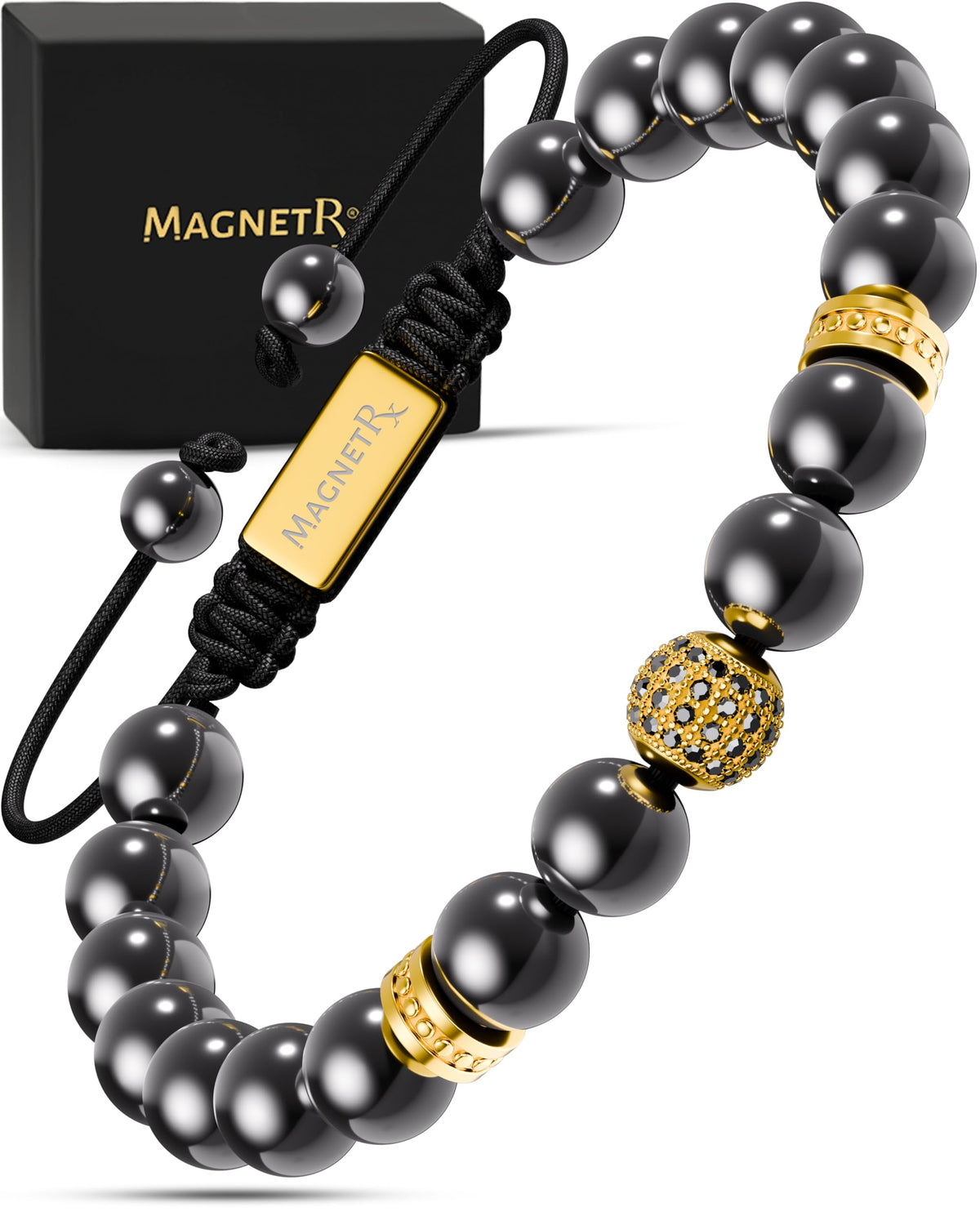 Pulsera magnetrx hematita 8mm dorada en la muñeca para estilo diario elegante.