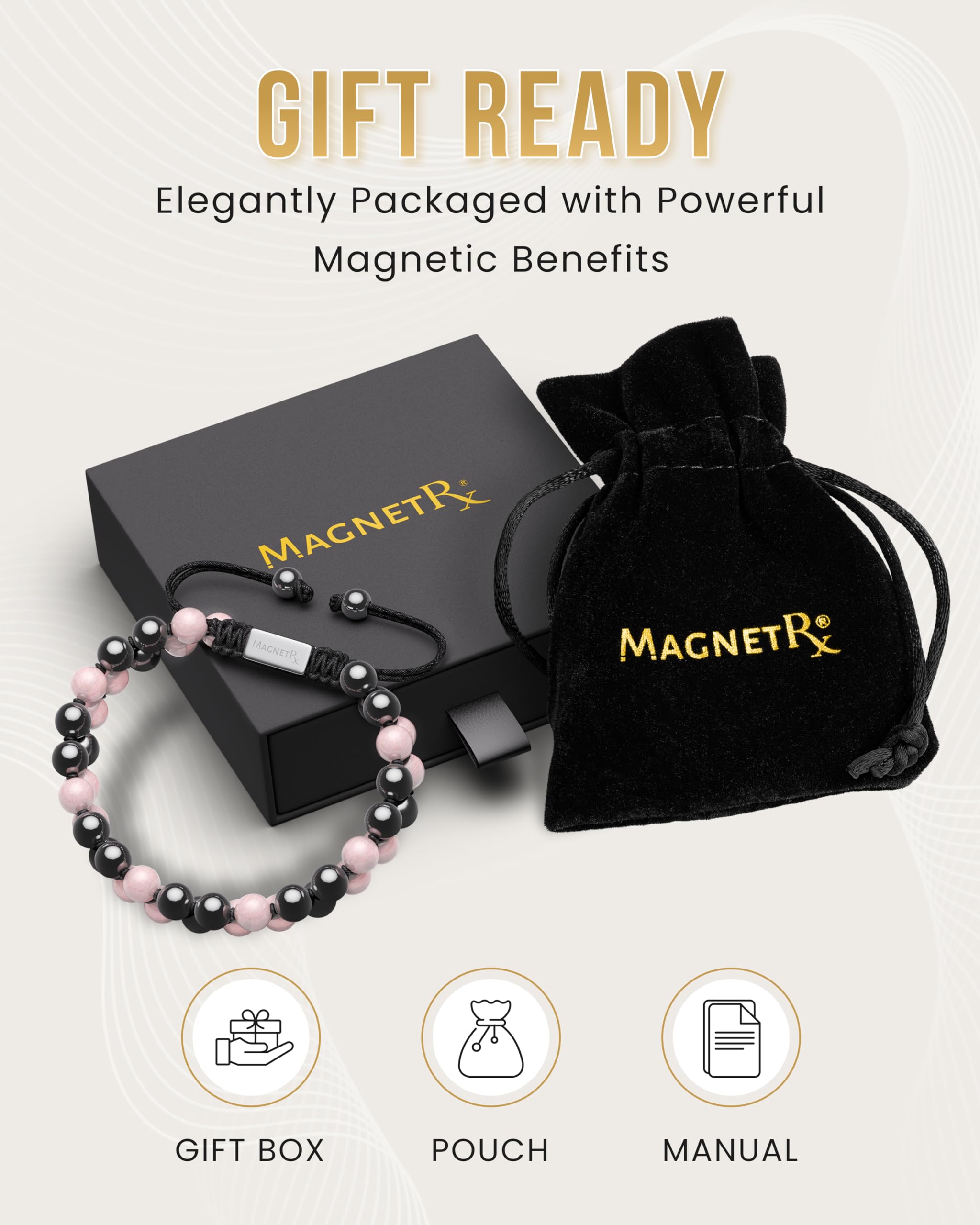 Diseño elegante y versátil de la pulsera MagnetRX Hematita y Cuarzo Rosa.