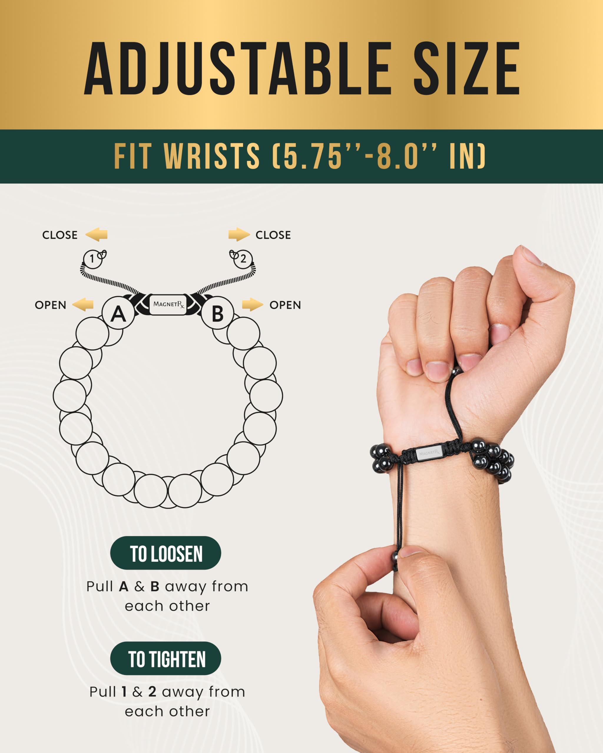 Muñeca con pulsera MagnetRX, tamaño ajustable para comodidad diaria.