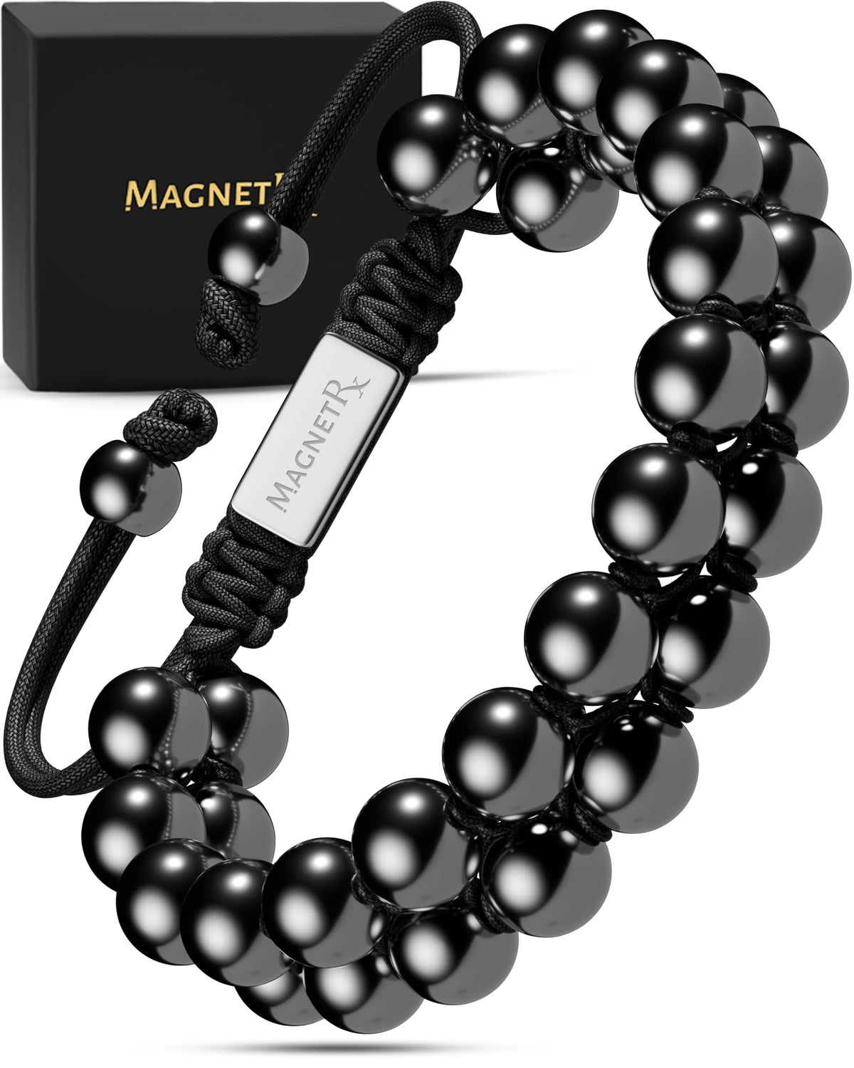 Pulsera MagnetRX hematita 8mm vista frontal, estilo elegante para cualquier ocasión.
