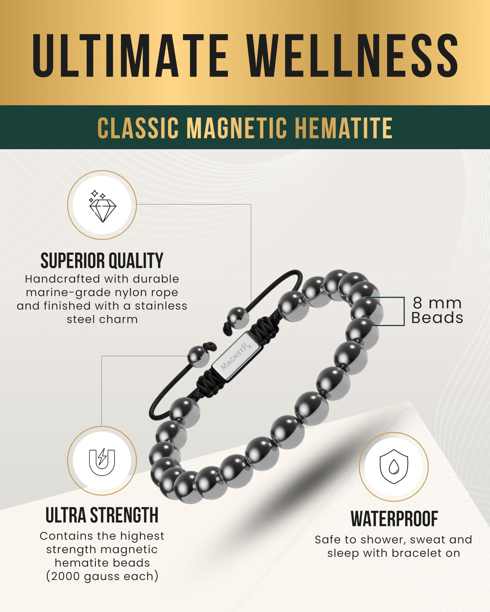 Dije de acero inoxidable en pulsera MagnetRX, toque elegante y resistente.