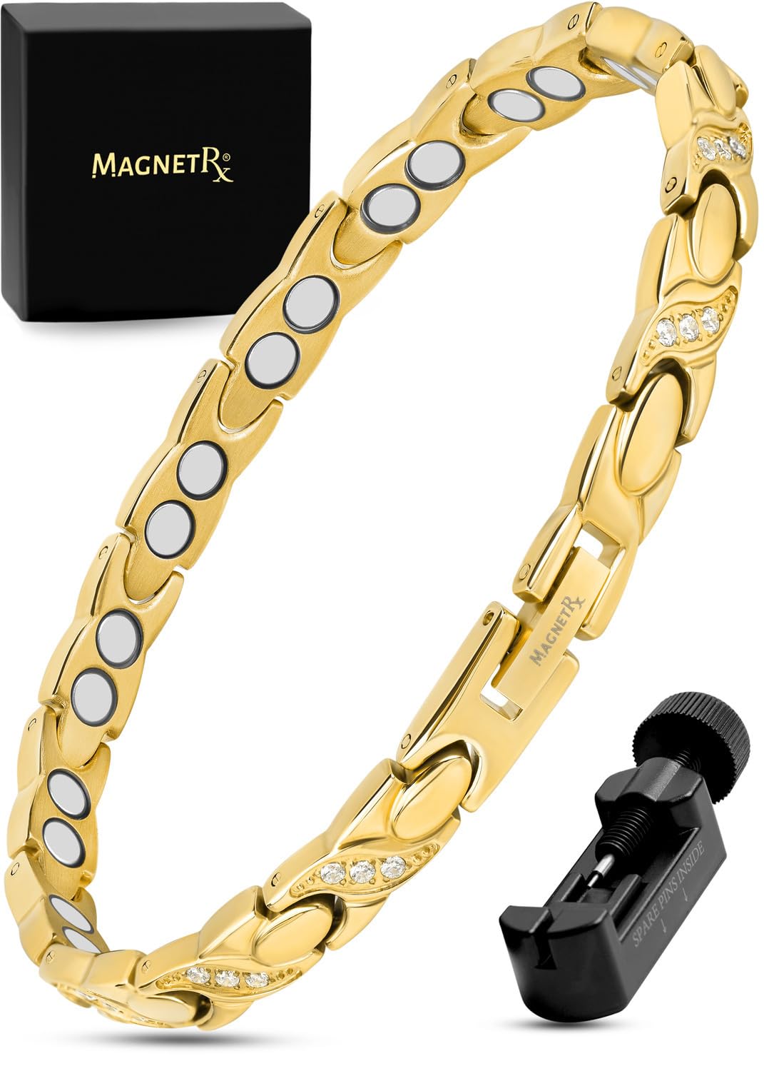 Pulsera magnética MagnetRX con cristales claros, estilo diario.
