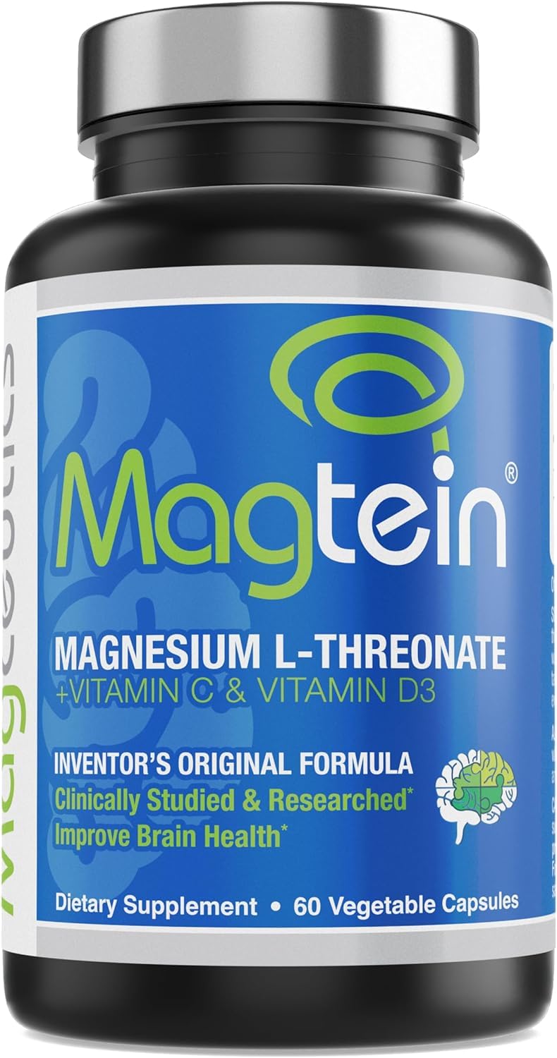 Magtein, botella de cápsulas, apoyo cognitivo diario para memoria y enfoque.