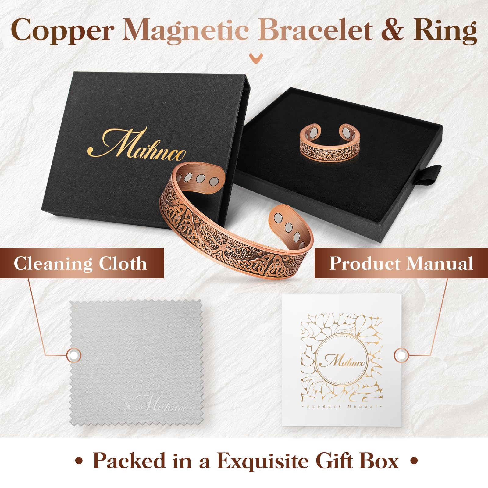 Regalo envuelto Mahnco con pulsera de cobre para ocasiones especiales.