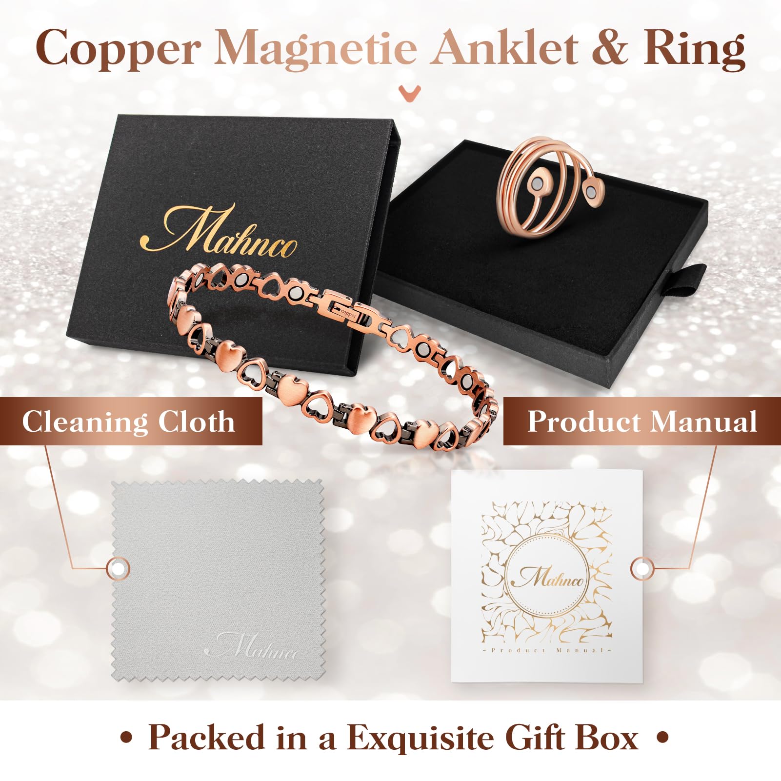 Regalo ideal: pulsera tobillo Mahnco de cobre con anillo corazón.