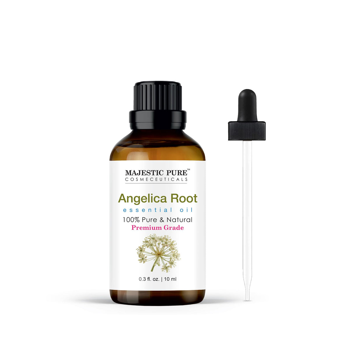 Majestic Pure Aceite Angelica Raíz, botella ámbar, puro y apto para aromaterapia.