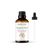 Majestic Pure Aceite Angelica Raíz, botella ámbar, puro y apto para aromaterapia.
