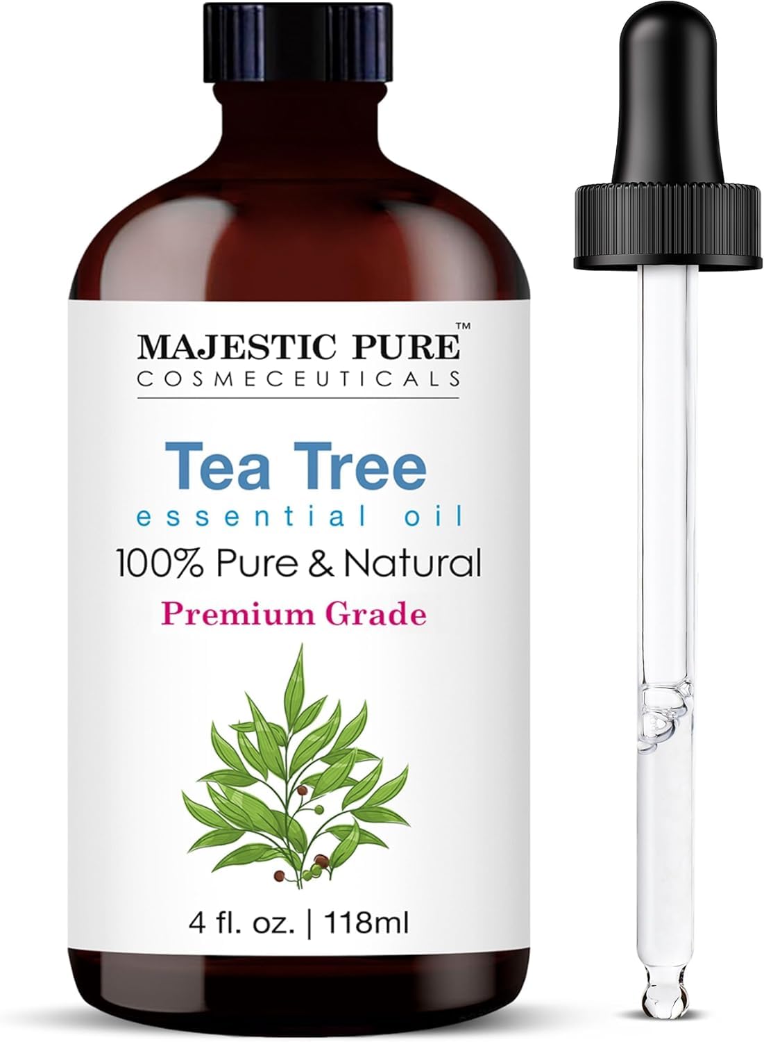 Majestic Pure Aceite de Árbol de Té en frasco ámbar con gotero para difusor