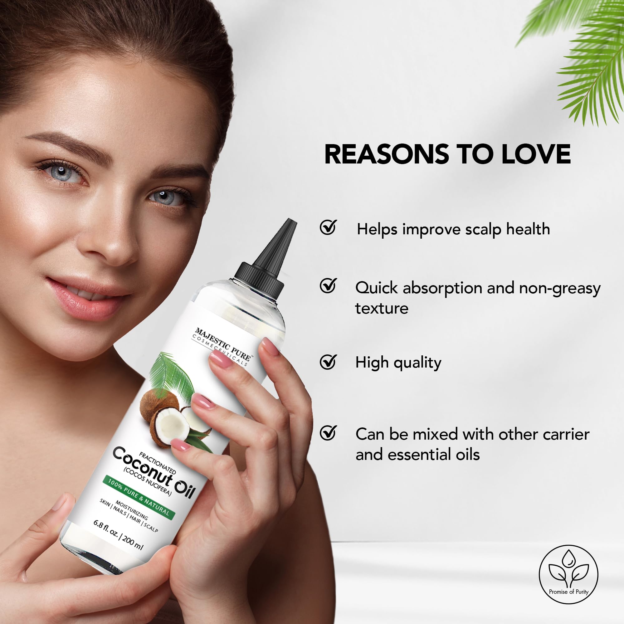 Majestic Pure Aceite Coco Fraccionado acondiciona el cabello con suavidad.