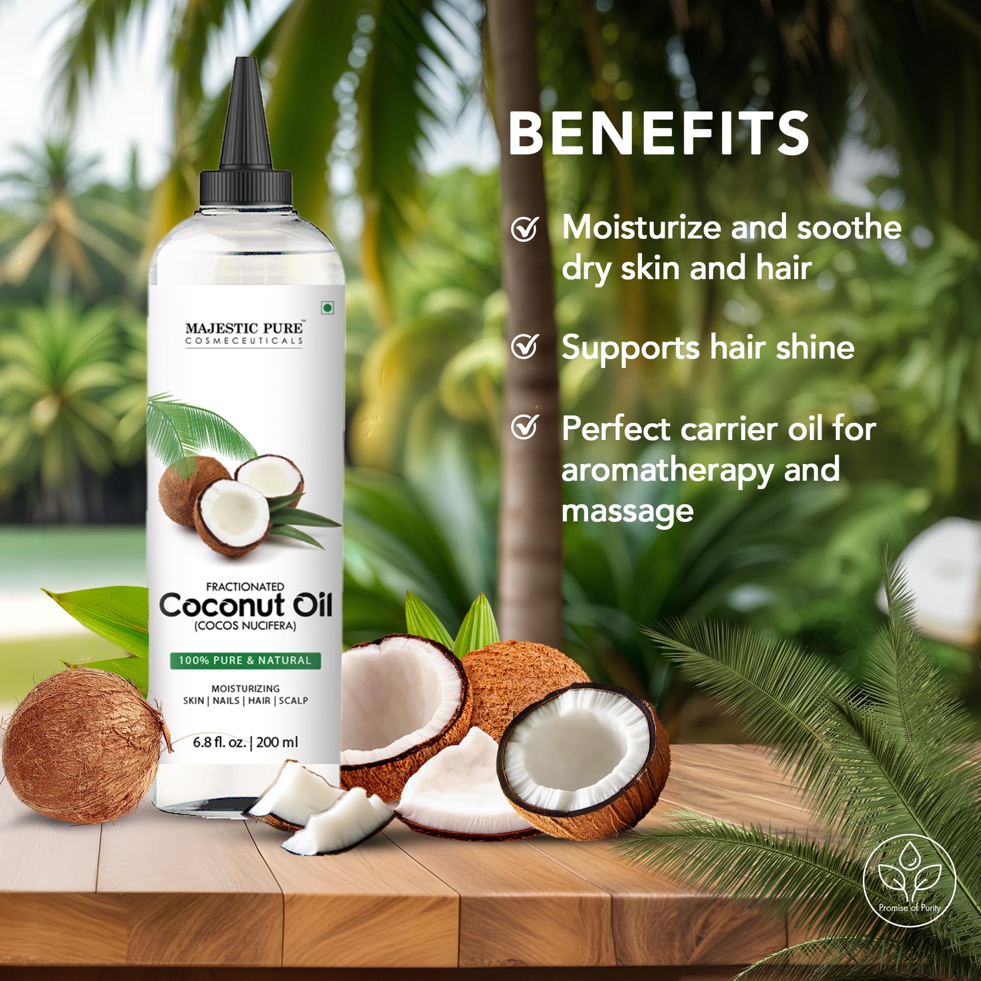 Majestic Pure Aceite Coco Fraccionado para labios hidratados y suaves.