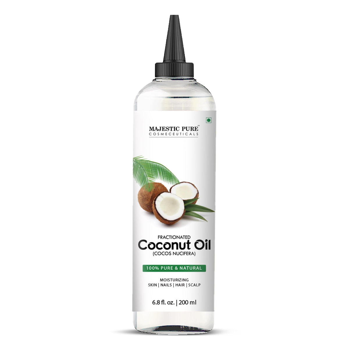 Majestic Pure Aceite Coco Fraccionado para masaje relajante y piel suave.