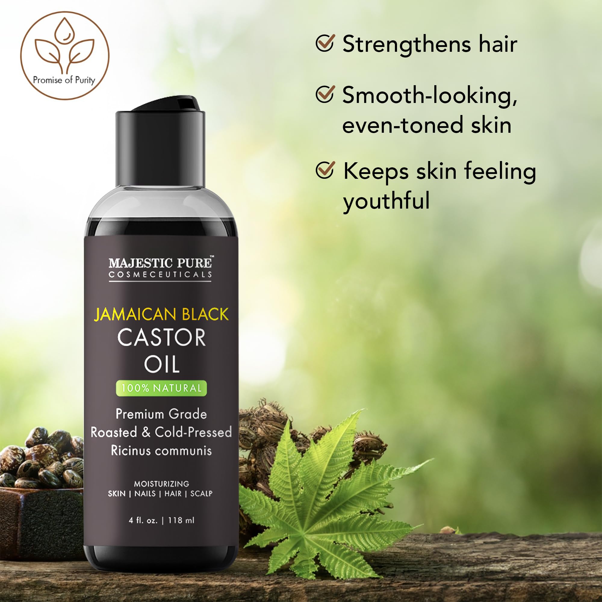 Majestic Pure etiqueta del producto con información de pureza y uso seguro.