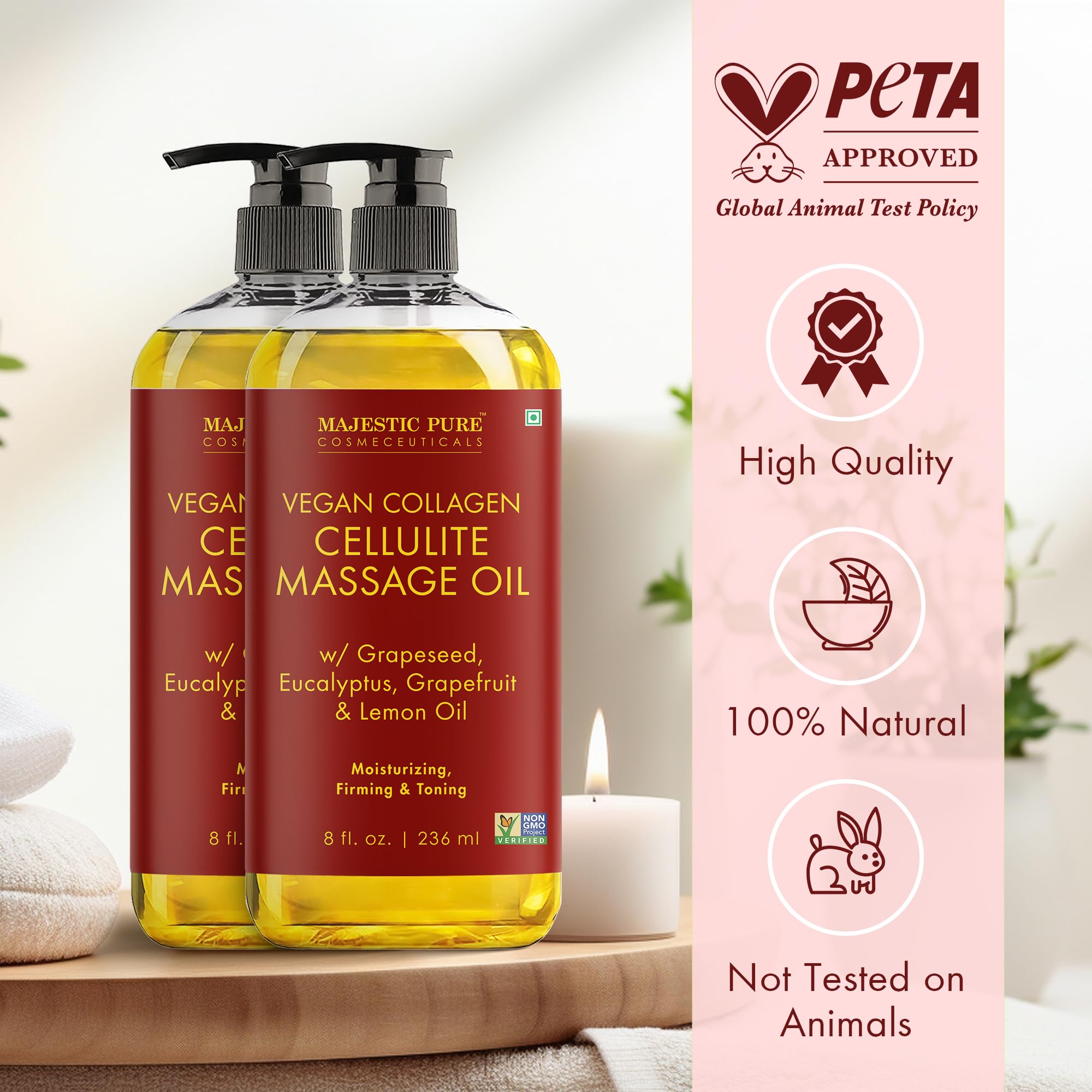Majestic Pure aceite de semilla de uva, ingrediente clave para hidratación suave.
