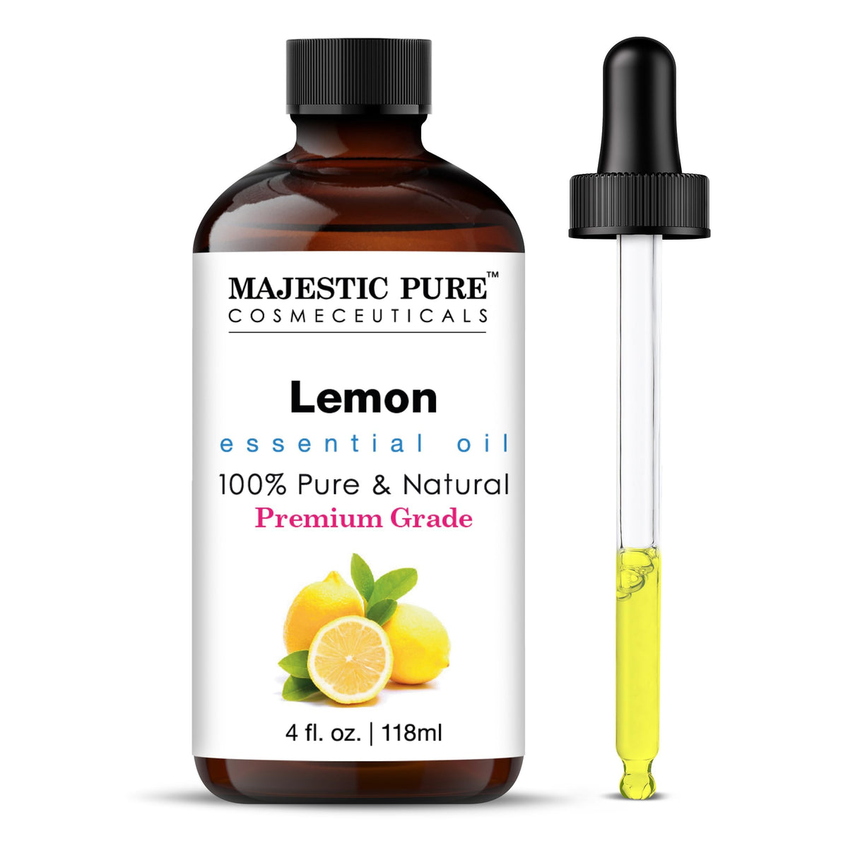 Aceite esencial de limón Majestic Pure con gotero de vidrio para dosificar con precisión