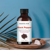 Majestic Pure Aceite esencial pimienta negra en botella de vidrio ámbar para conservar aroma.