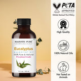 Majestic Pure Aceite Eucalipto en envase de vidrio para proteger la calidad