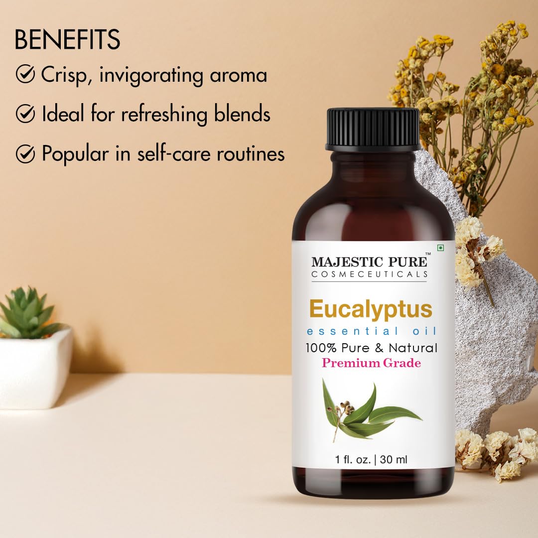 Majestic Pure Aceite Eucalipto con etiqueta clara para identificar su uso
