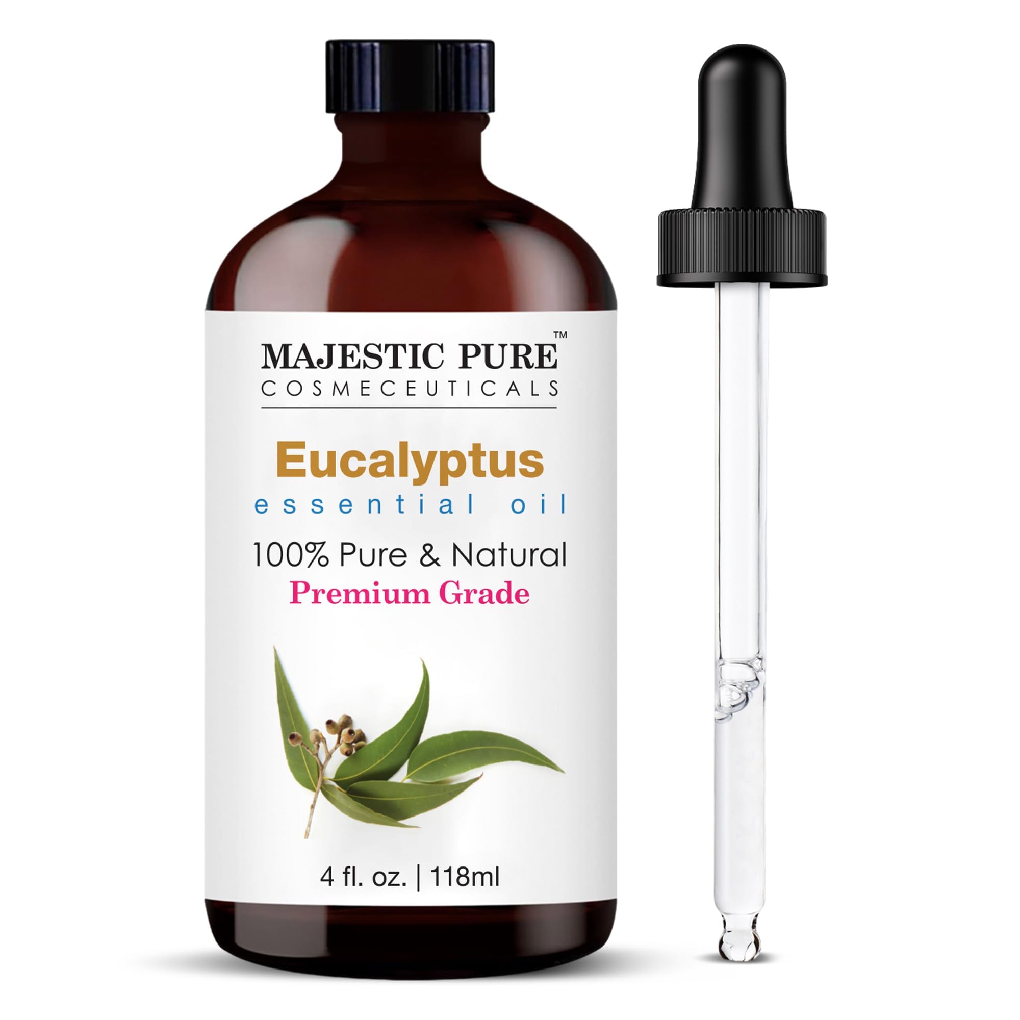 Majestic Pure Aceite Eucalipto en frasco de vidrio ámbar con gotero para difusor