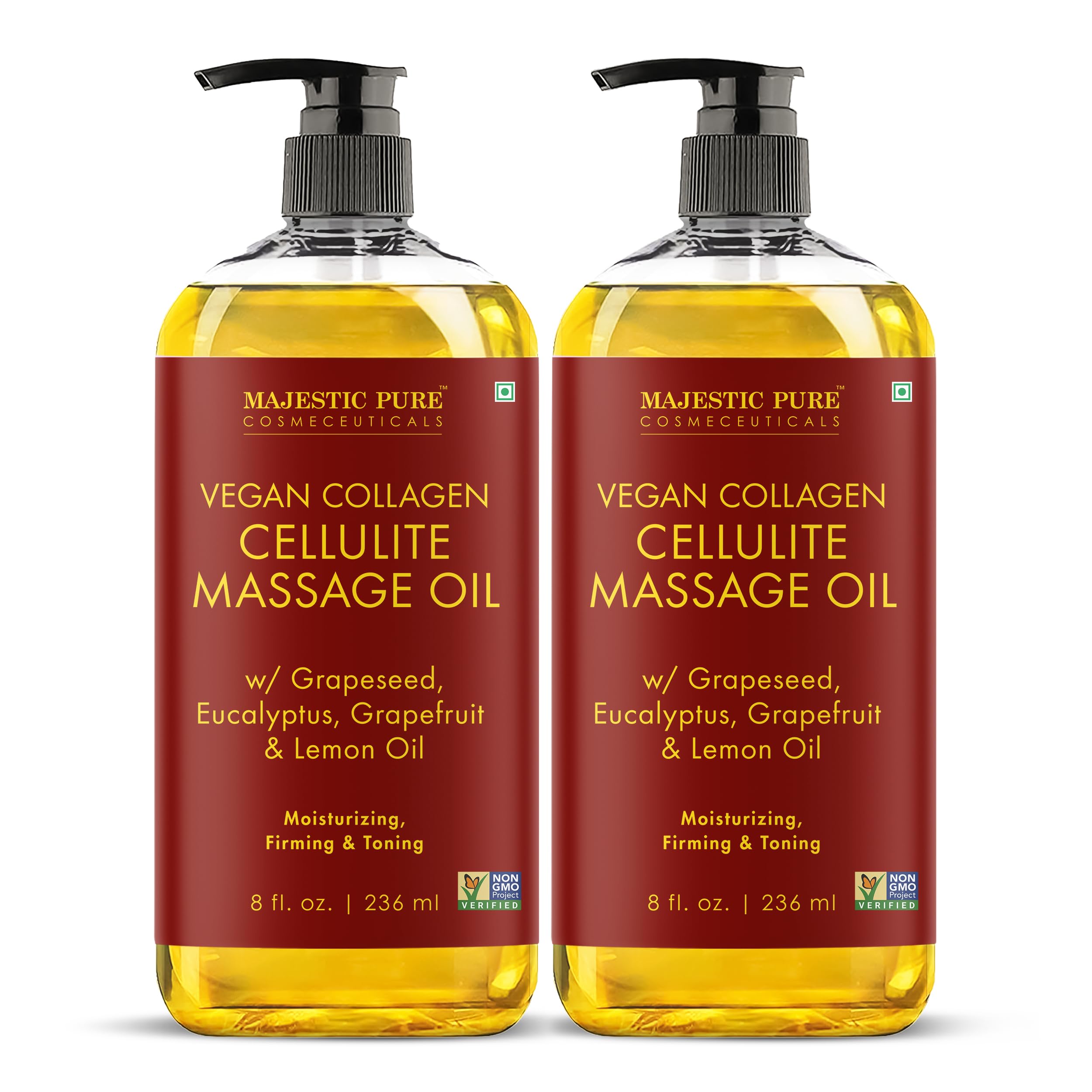 Majestic Pure aceite de masaje para celulitis, botella lista para uso diario en casa.